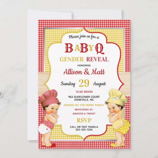 Invitación Género Revelar Bebé Q BBQ Rojo Amarillo Gingham (Anverso)
