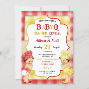Invitación Género Revelar Bebé Q BBQ Rojo Amarillo Gingham