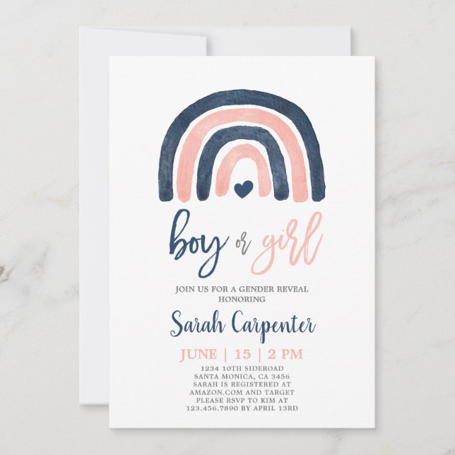 Invitación Género Revelar color arcoiris azul y ducha rosa (Anverso)