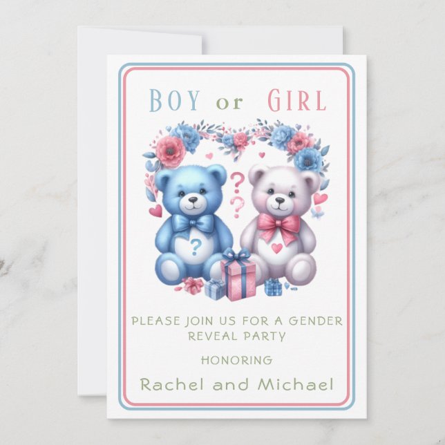 Invitación Género revelar ducha de bebé Teddy Oso rosa azul 4 (Anverso)