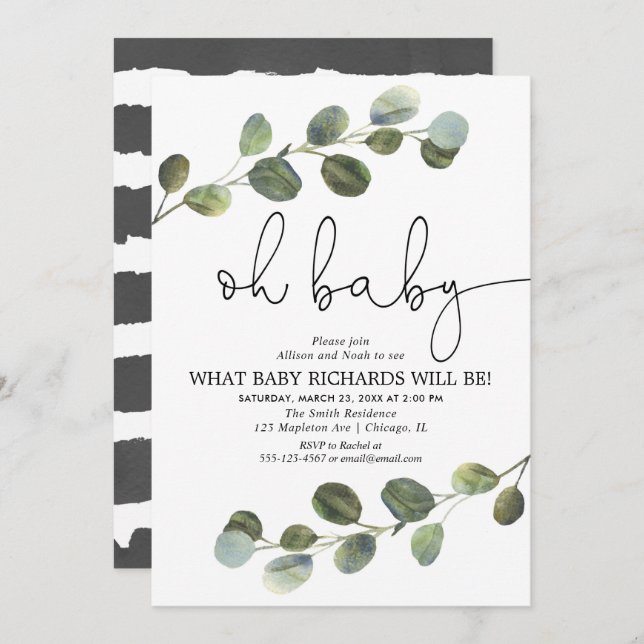 Invitación Género revelar eucalipto blanco negro simple (Anverso / Reverso)