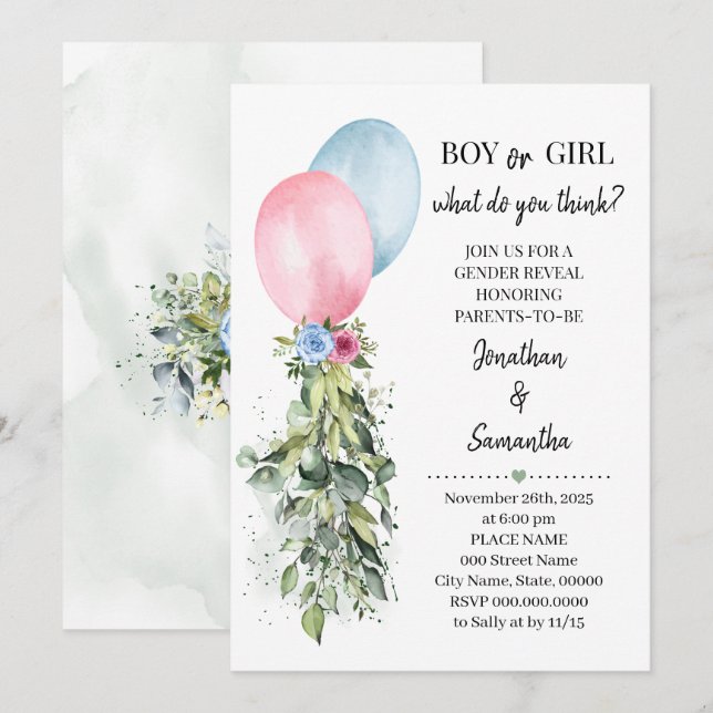 Invitación Género revelar globos azules rosados Eucalipto (Anverso / Reverso)