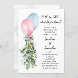 Invitación Género revelar globos azules rosados Eucalipto