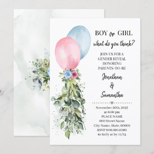 Invitación Género revelar globos azules rosados Eucalipto