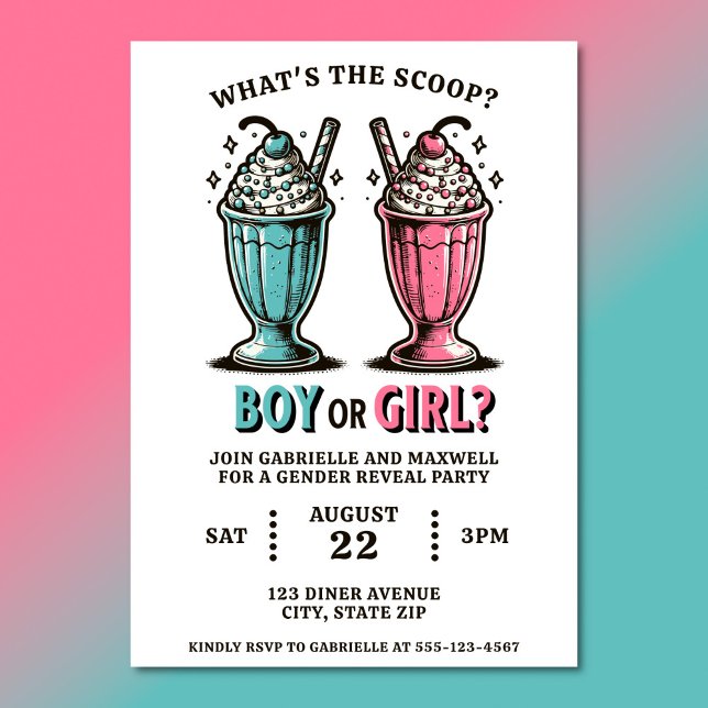 Invitación Género Revelar Helados Crema De Hielo Milkshakes R (Gender reveal party invitations with 1950s inspired ice cream milkshakes)