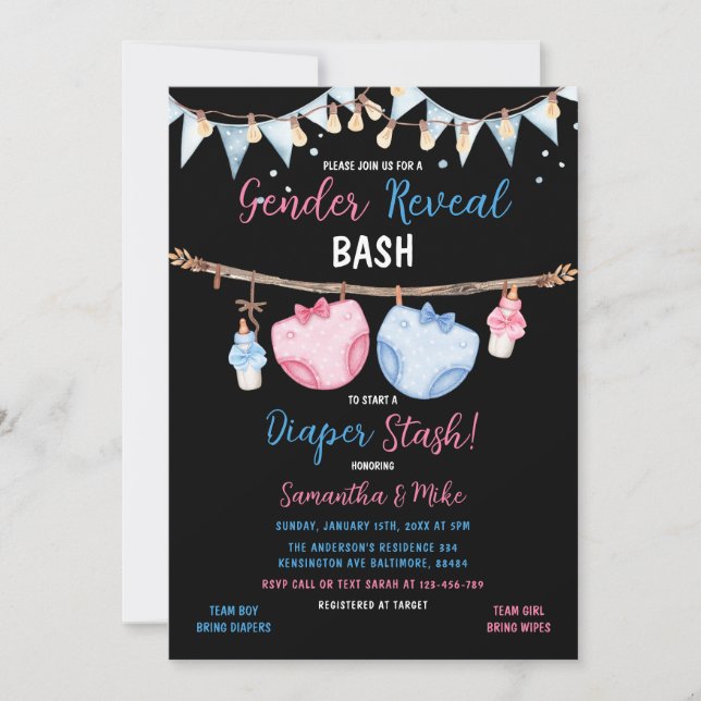 Invitación Género Revelar pañales de ropa de pañal (Anverso)