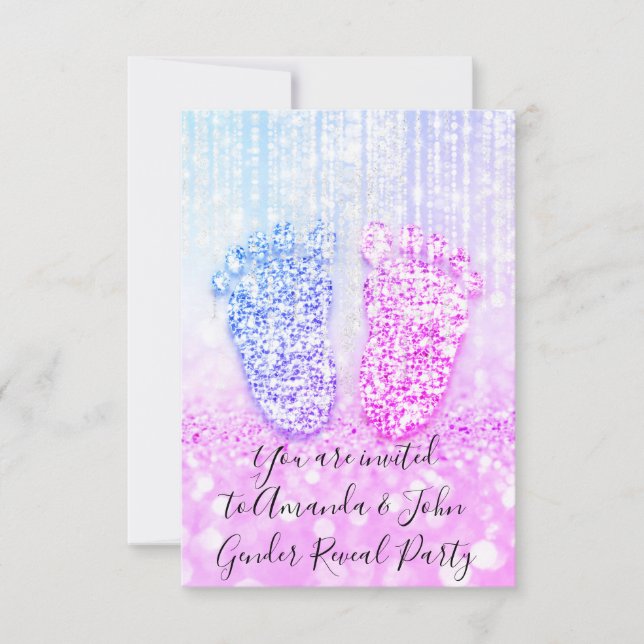 Invitación Género revelar pies de Purpurina azul rosado de Ba (Anverso)