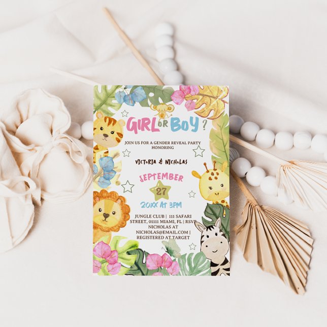 Invitación Género revelar Safari Jungle Animal Tropical (Subido por el creador)