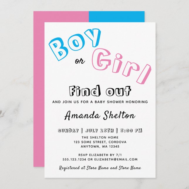 Invitación Género rosa azul de niño o Chica revelan Baby Show (Anverso / Reverso)