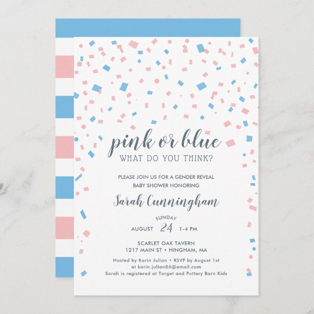 Invitación Género rosa o azul revelan Baby Shower confetti (Anverso / Reverso)