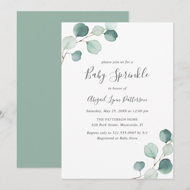 Invitación Género Vegetación Neutral Eucalyptus Bebé Sprinkle (Anverso / Reverso)