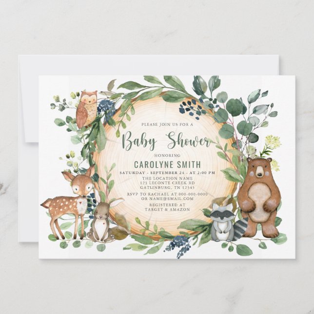 Invitación Género Verde Neutral BOY Woodland Baby Shower (Anverso)