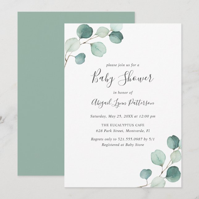 Invitación Género Verde Neutral Eucalyptus Baby Shower (Anverso / Reverso)