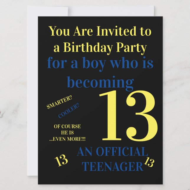 Invitación Genial Cumples 13 Cumpleaños Oficial de Adolescent (Anverso)