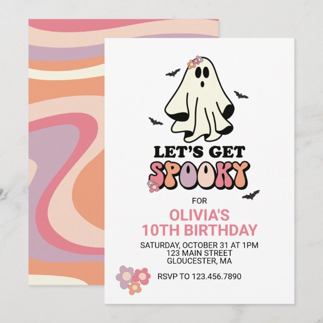 Invitación Genial fantasma retro cumpleaños de Halloween (Anverso / Reverso)