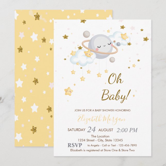 Invitación Genial Oh Planeta Bebé Nubes Estrellas Fiesta de B (Anverso / Reverso)