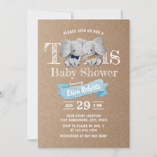 Invitación Gente gemela Cute elefante Rústico Kraft Baby Show (Anverso)
