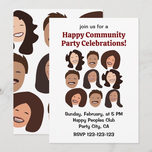 Invitación Gente Sonriente Cara Feliz Celebración Fiesta (Anverso / Reverso)