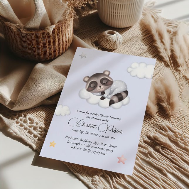 Invitación Gentle Baby Boy Raccoon Blue Baby Shower (Gentle Raccoon Animal Gender Neutral Baby Shower Invitation)