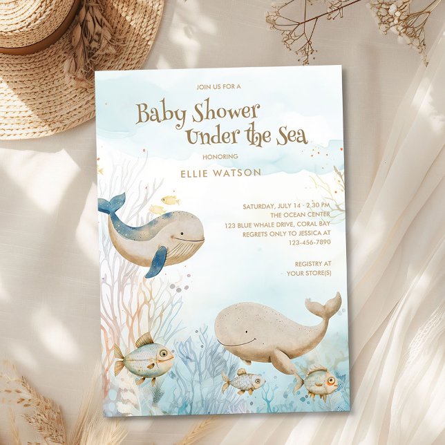 Invitación Gentle Ocean Neutral Under Sea Baby Shower (Under the Sea Baby Shower from the Whale Baby Shower Collection by Darling & May)