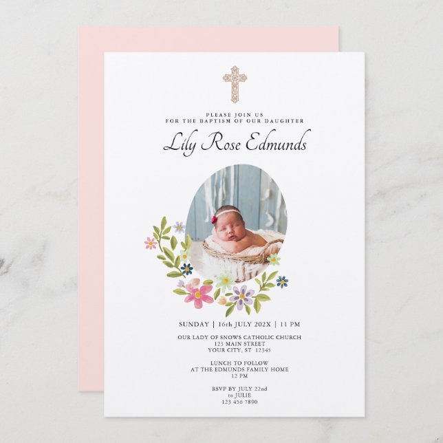 Invitación Gentle Pink Floral Baptism Invitation (Anverso / Reverso)