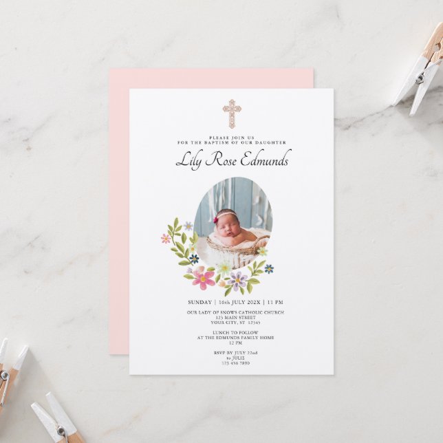 Invitación Gentle Pink Floral Baptism Invitation (Anverso/Reverso In Situ)