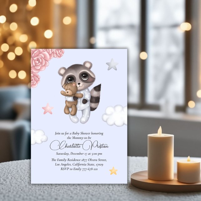 Invitación Gentle Raccoon Animal Blue Baby Shower (Gentle Raccoon Animal Blue Baby Shower Invitation)
