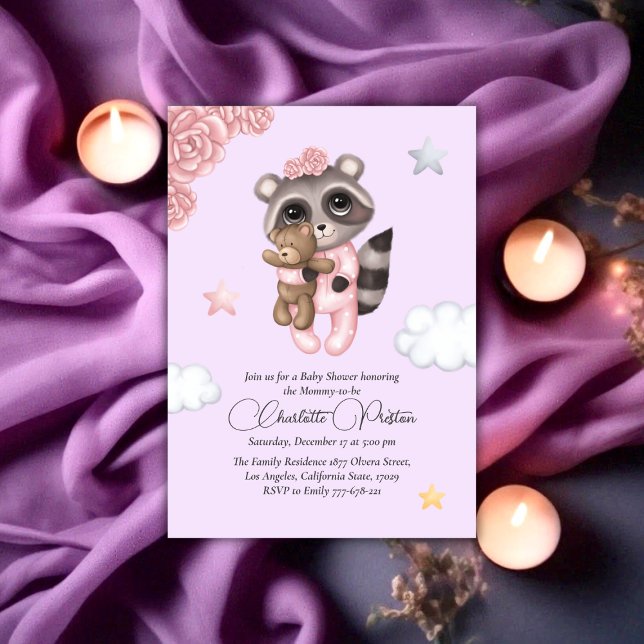 Invitación Gentle Raccoon Animal Chica Baby Shower (Gentle Raccoon Animal Girl Baby Shower Invitation)