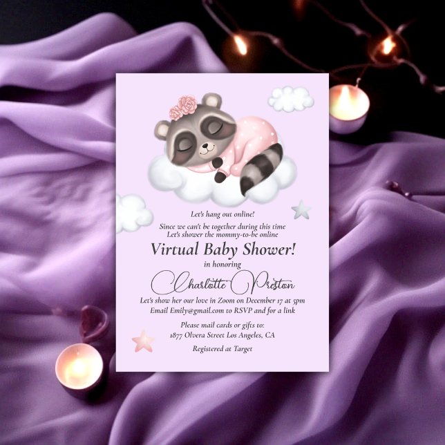 Invitación Gentle Raccoon Animal Chica Baby Shower Virtual (Gentle Raccoon Animal Girl Baby Shower Virtual Invitation)