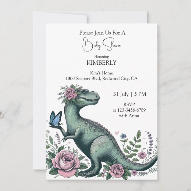 Invitación Gentle T-Rex en flor (Anverso)