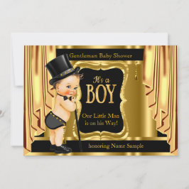Invitación Gentleman Baby Shower Black Gold Drapes Brunette