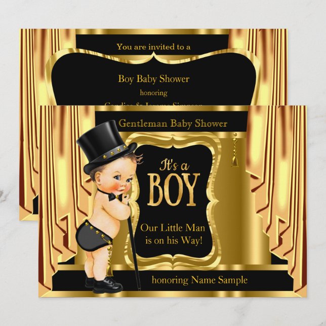 Invitación Gentleman Baby Shower Black Gold Drapes Brunette (Anverso / Reverso)