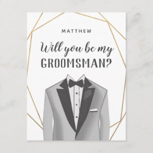 Invitación Geo Gold Tuxedo Groomsman Request Card