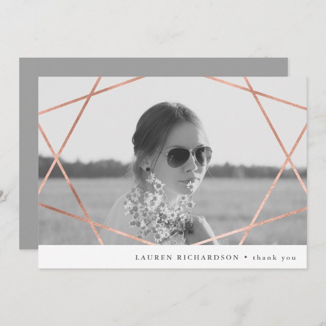 Invitación Geo Graduate | Faux Copper con Photo Gracias (Anverso / Reverso)