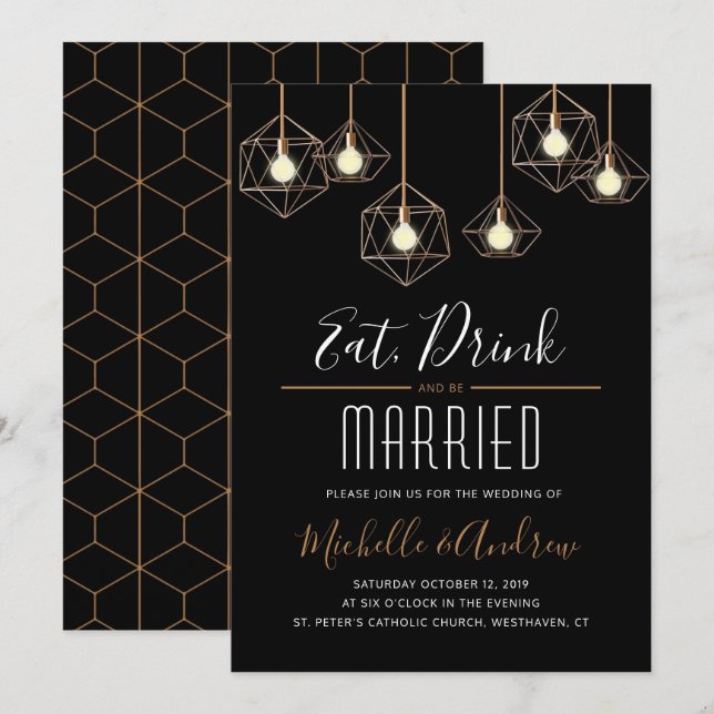 Invitación Geo Lights come bebidas y se casan con Bodas (Anverso / Reverso)
