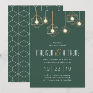 Invitación Geo Lights Emerald Green Boda Geométrico Moderno