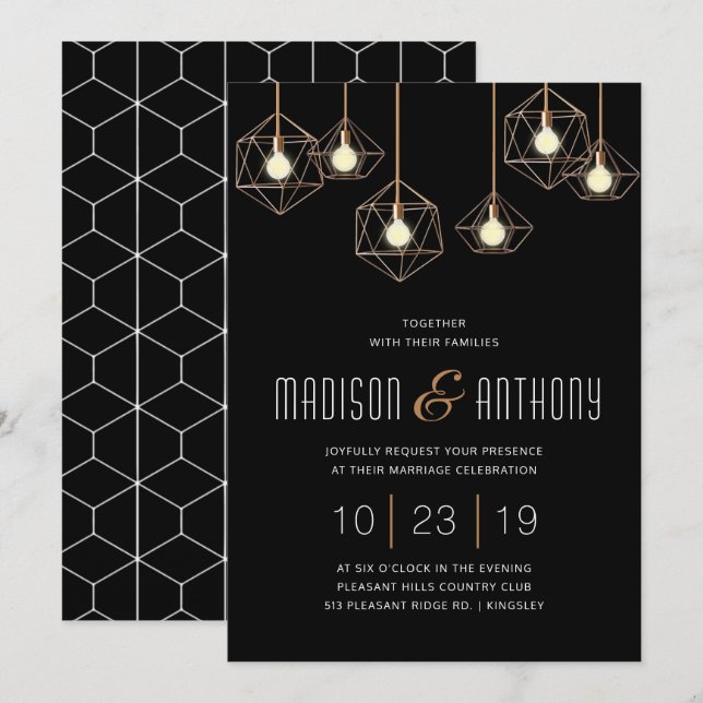 Invitación Geo Luces Negro y Oro Boda Geométrico Moderno (Anverso / Reverso)