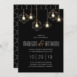 Invitación Geo Luces Negro y Oro Boda Geométrico Moderno