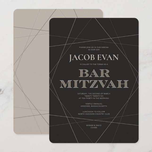 Invitación Geo Modern Silver Bar Mitzvah (Anverso / Reverso)