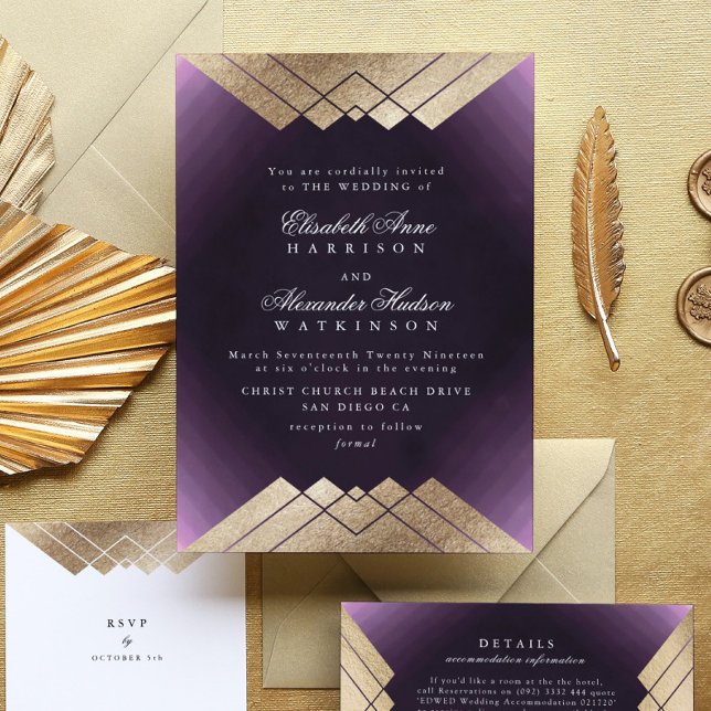 Invitación Geo Purple Gold Gatsby Calligraphy Boda (Subido por el creador)