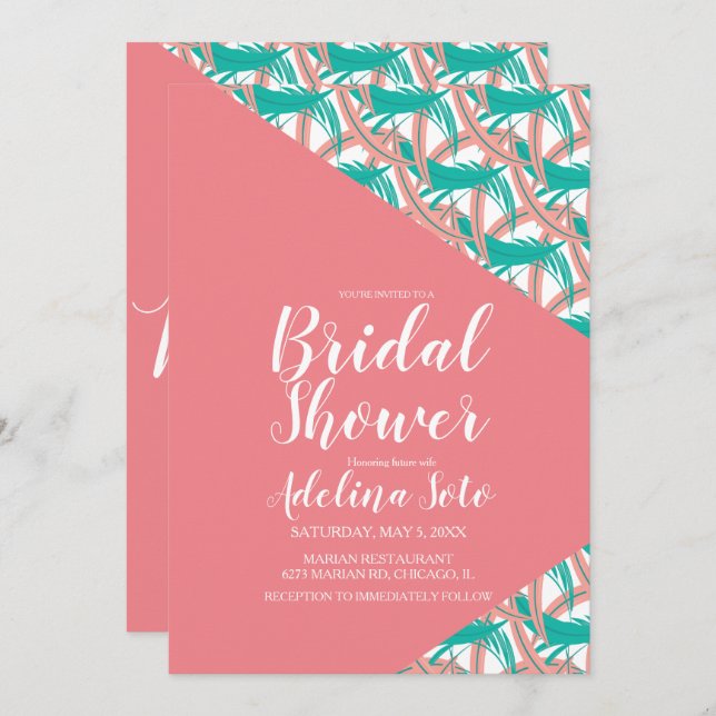 Invitación Geo Tropical Palm Coral Feathers Bridal Shower (Anverso / Reverso)
