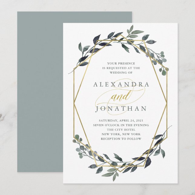 Invitación Geo verde| Boda Gold (Anverso / Reverso)