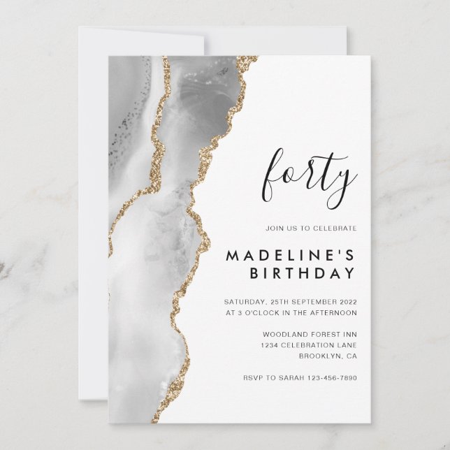 Invitación Geode 40 años de la Agate de Oro Plateado minimali (Anverso)