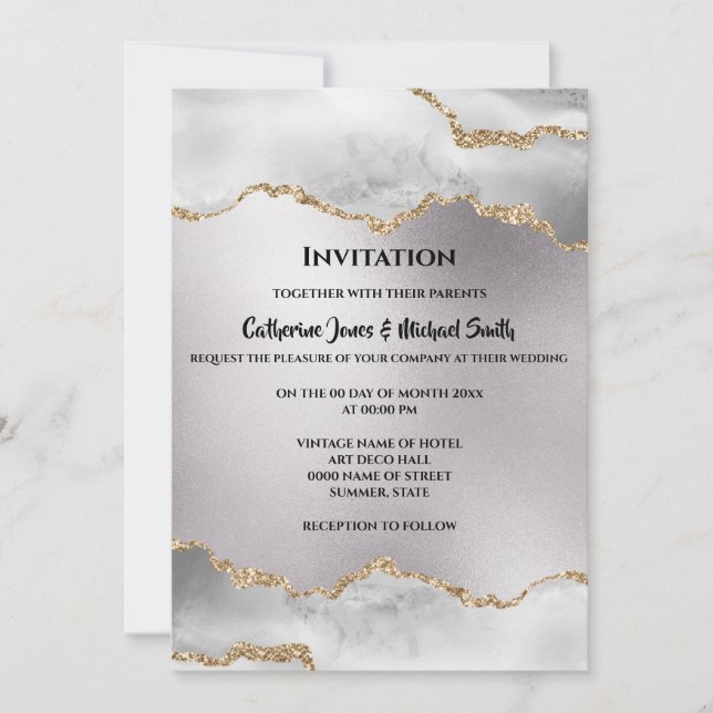 Invitación Geode acuarela boda de agendas plateadas de oro de (Anverso)