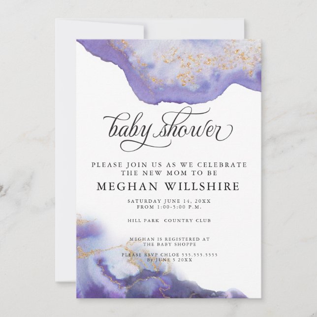 Invitación Geode acuarela de Baby Shower Amethyst (Anverso)