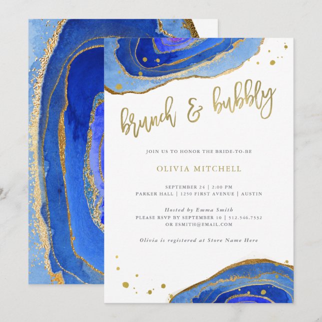 Invitación Geode azul acuarela con brunch dorado y burbujeant (Anverso / Reverso)