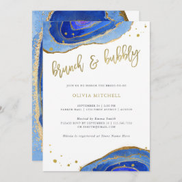 Invitación Geode azul acuarela con brunch dorado y burbujeant
