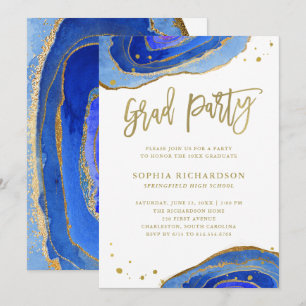 Invitación Geode azul acuarela con fiesta de graduación de or