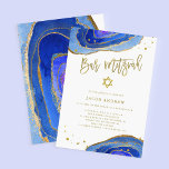 Invitación Geode azul acuarela con oro | Bar Mitzvah<br><div class="desc">Estas elegantes y modernas invitaciones del Bar Mitzvah presentan piedras geolocales de color azul a la moda,  con un guión falso escrito a mano en oro,  Estrella de David,  y acentos.</div>