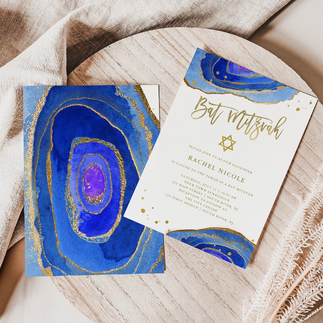 Invitación Geode azul acuarela con oro | Bat Mitzvah (Subido por el creador)